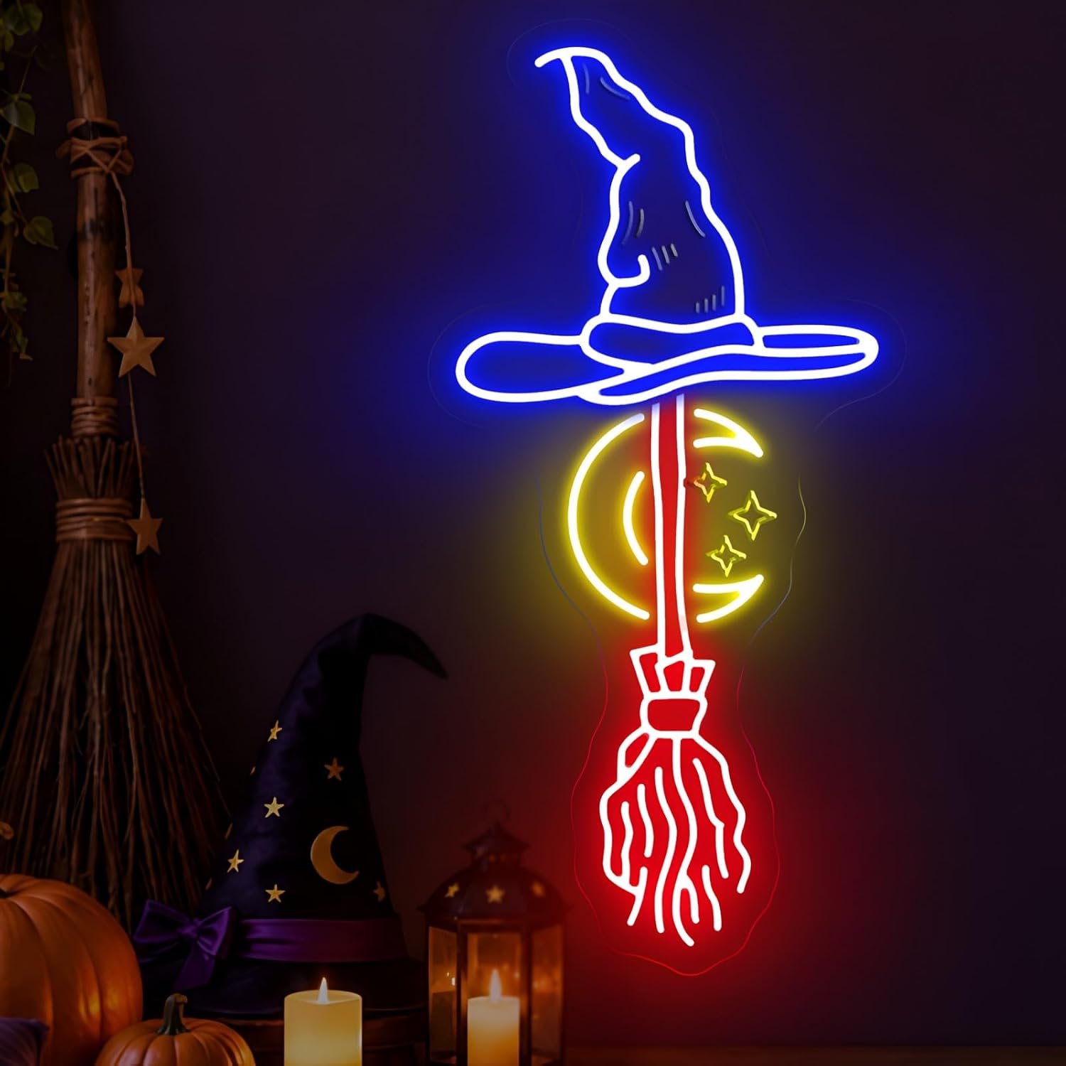 Witch Hat Broom Neon Sign Moon - Neon Sign Party review and price