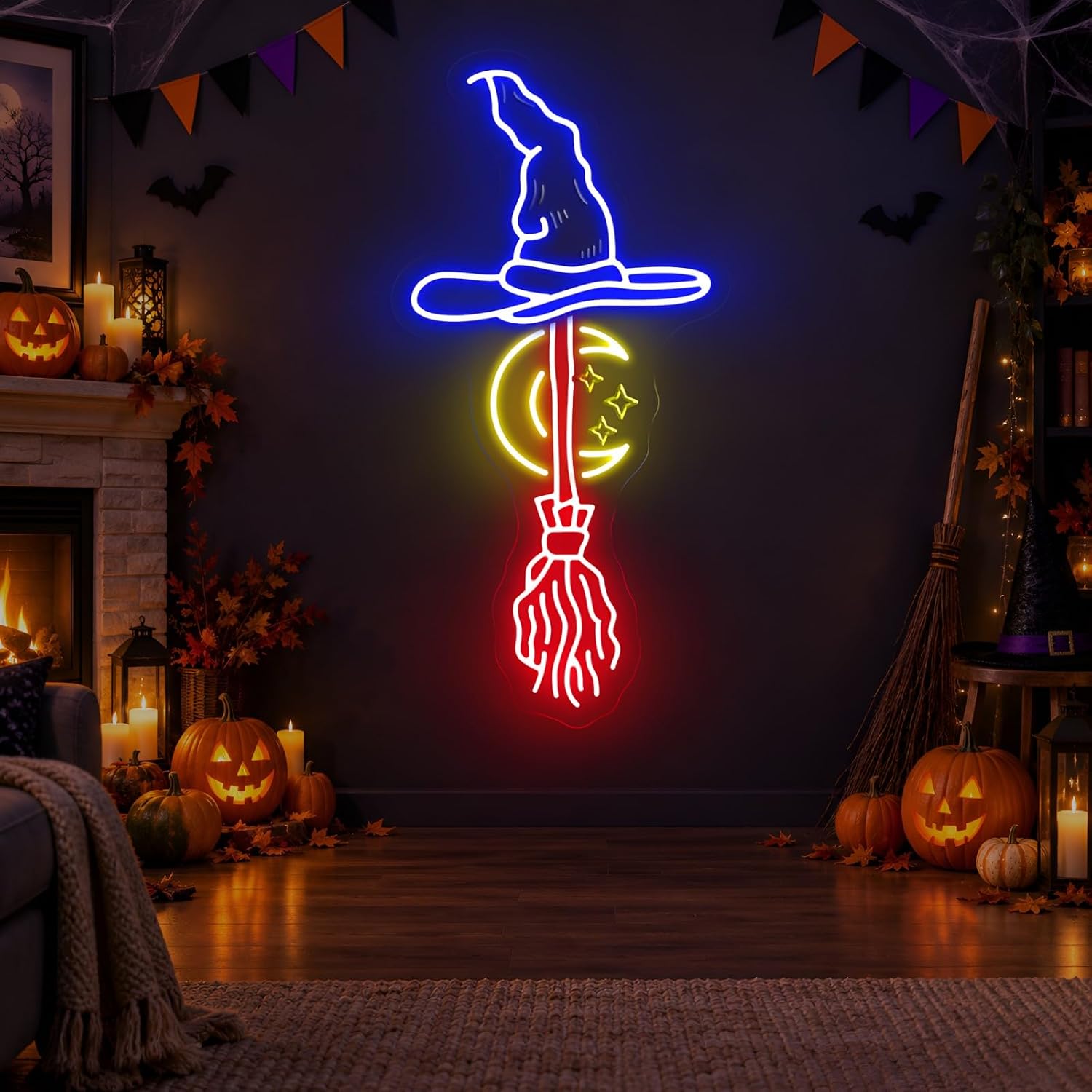 Witch Hat Broom Neon Sign Moon - Neon Sign Party review and price