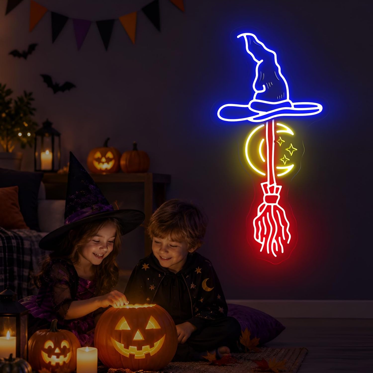 Witch Hat Broom Neon Sign Moon - Neon Sign Party review and price